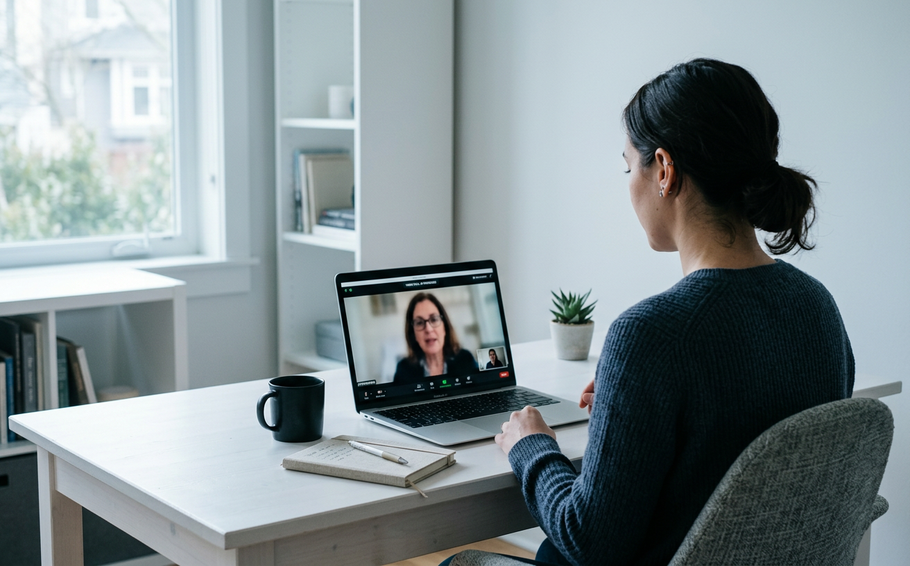 A professional mid-way through a video interview, calm and looking at the camera.